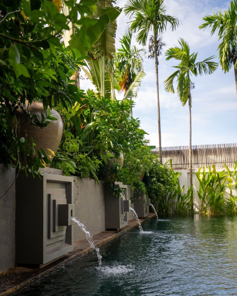 Pool with stone fountains